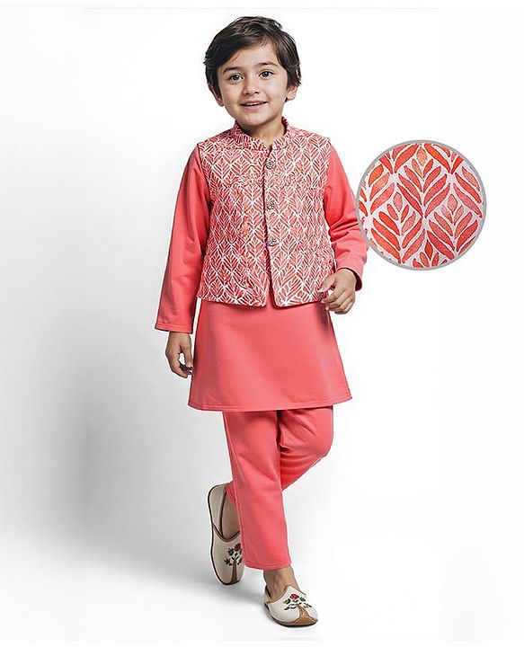 Babyhug Cotton Woven Full Sleeves Solid Kurta Pyjama Set with Leaf Printed Jacket - Coral