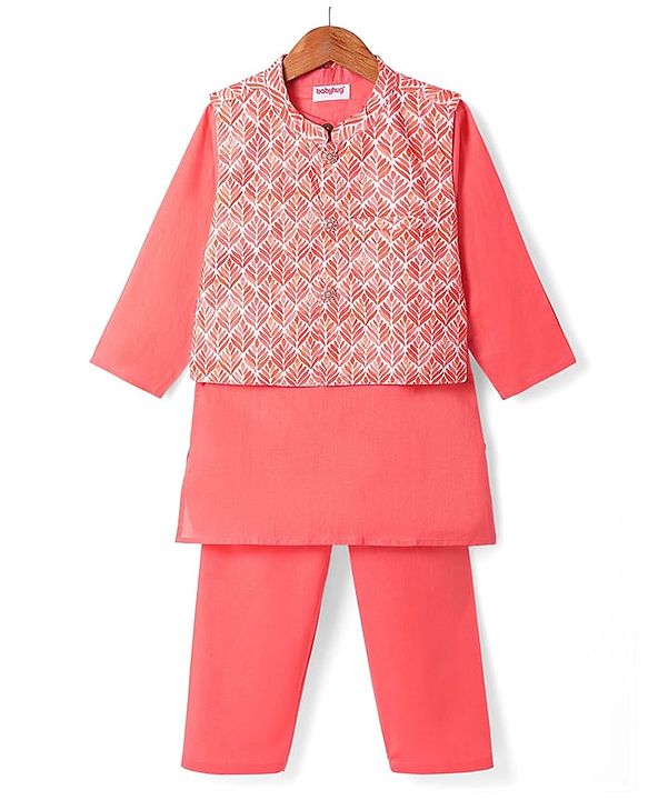Babyhug Cotton Woven Full Sleeves Solid Kurta Pyjama Set with Leaf Printed Jacket - Coral