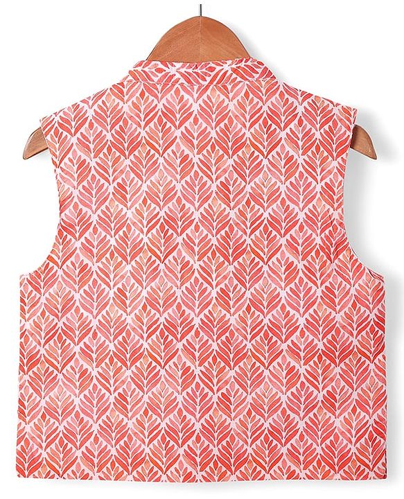 Babyhug Cotton Woven Full Sleeves Solid Kurta Pyjama Set with Leaf Printed Jacket - Coral