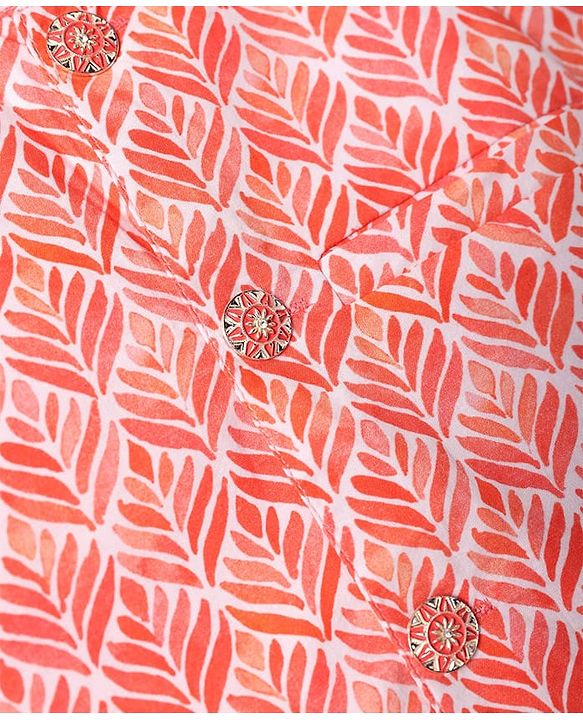 Babyhug Cotton Woven Full Sleeves Solid Kurta Pyjama Set with Leaf Printed Jacket - Coral