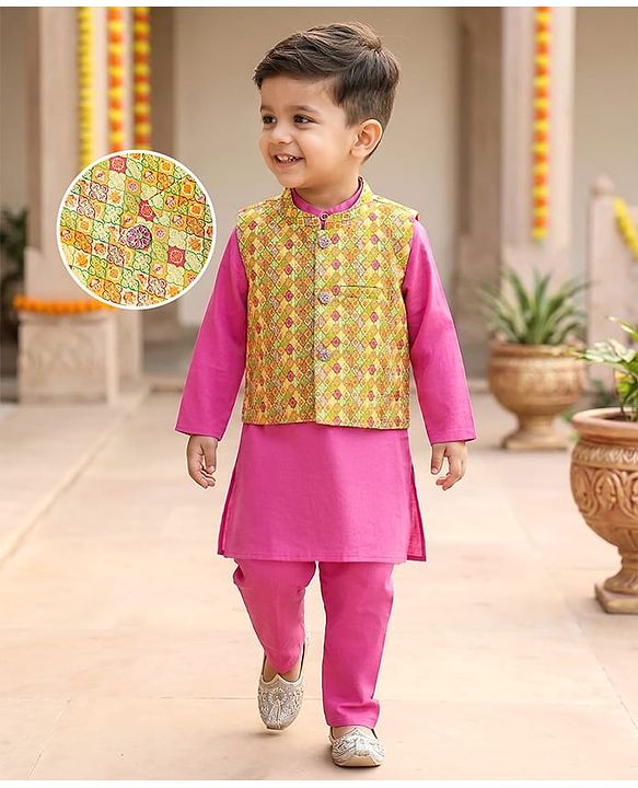 Babyhug Cotton Woven Full Sleeves Kurta & Pyjama Set With Printed Waistcoat  - Fuschia