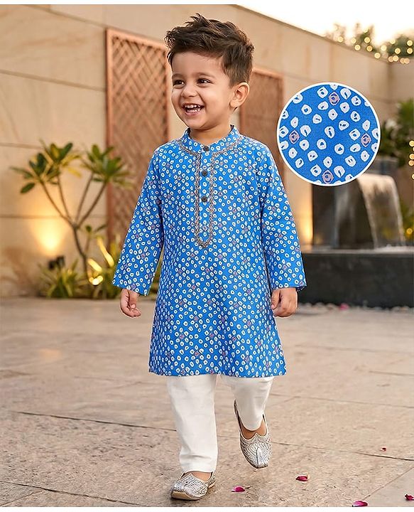 Babyhug Cotton Woven Full Sleeves Kurta & Pyjama Set With Bandhani Print with Embroidery - Blue