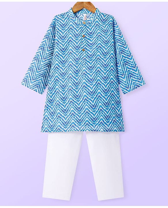 Babyhug Cotton Woven Full Sleeves Kurta & Pyjama Set With Lehriya Print - Blue