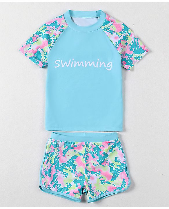 Pine Active Half Sleeves Printed Two Piece Swimsuit - Blue