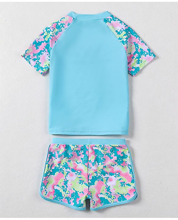 Pine Active Half Sleeves Printed Two Piece Swimsuit - Blue