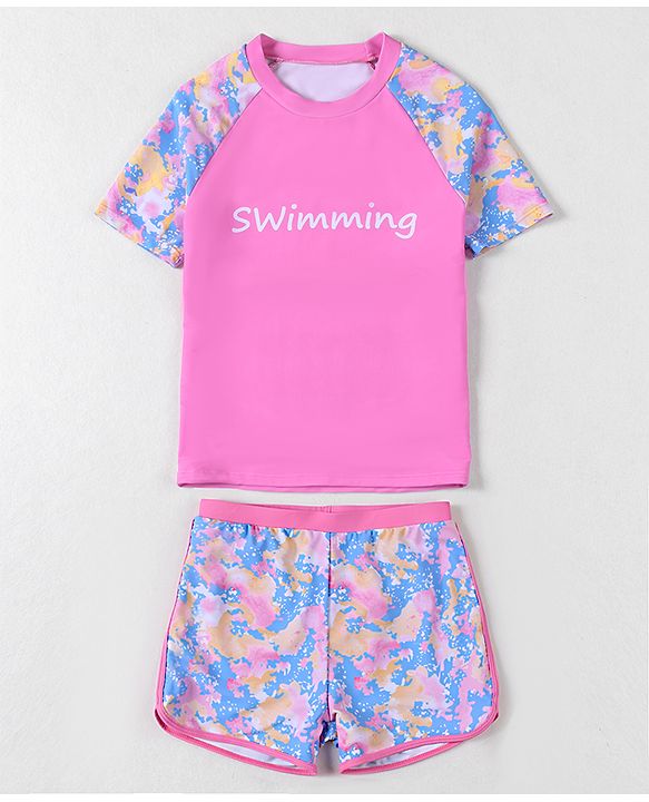 Pine Active Half Sleeves Printed Two Piece Swimsuit - Pink