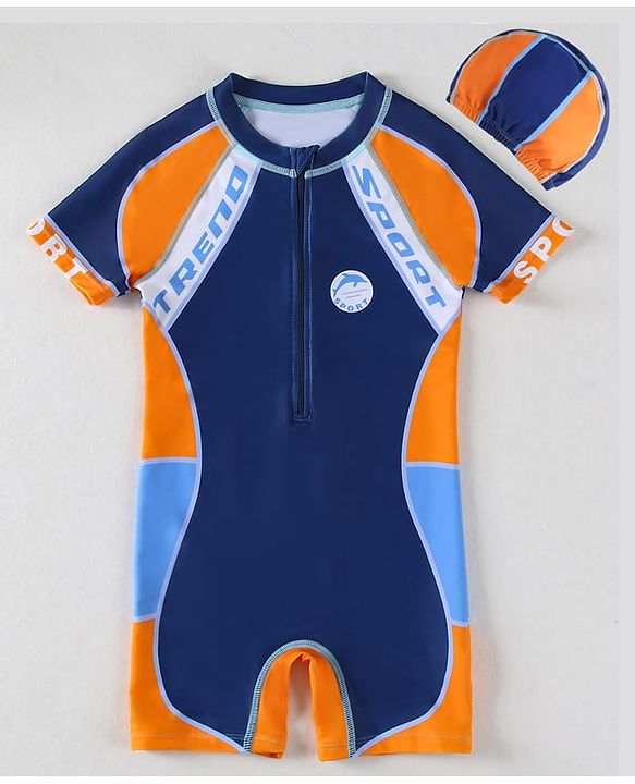 Pine Kids Half Sleeves Legged Swimsuit with Cap Abstract Print - Navy Blue