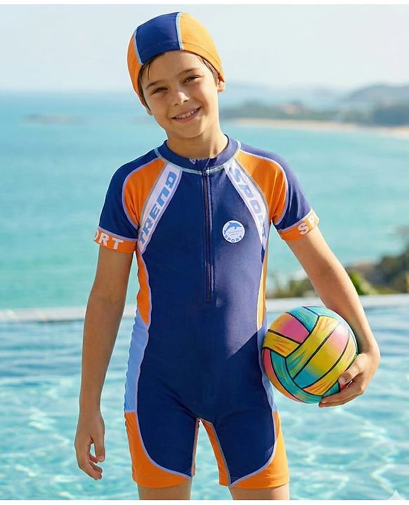 Pine Kids Half Sleeves Legged Swimsuit with Cap Abstract Print - Navy Blue