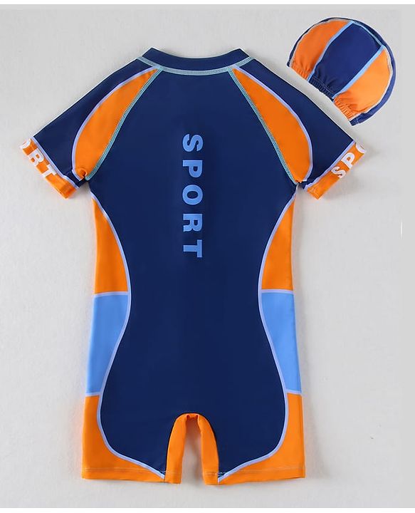 Pine Kids Half Sleeves Legged Swimsuit with Cap Abstract Print - Navy Blue