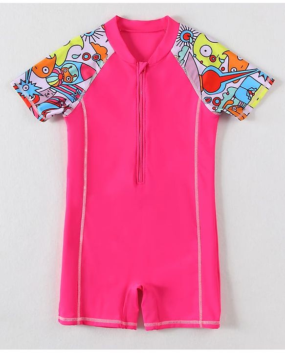 Pine Kids Half Sleeves Legged Swimsuit Animal Print - Fuschia