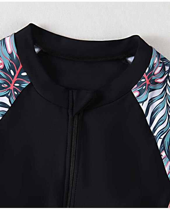 Pine Kids Half Sleeves Legged Swimsuit Leaf Print - Black