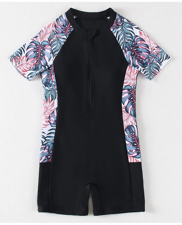 Pine Kids Half Sleeves Legged Swimsuit Leaf Print - Black