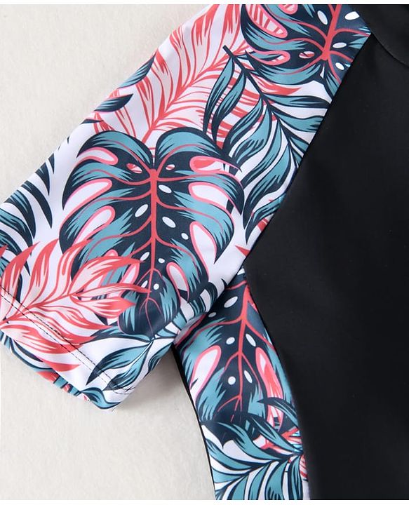 Pine Kids Half Sleeves Legged Swimsuit Leaf Print - Black