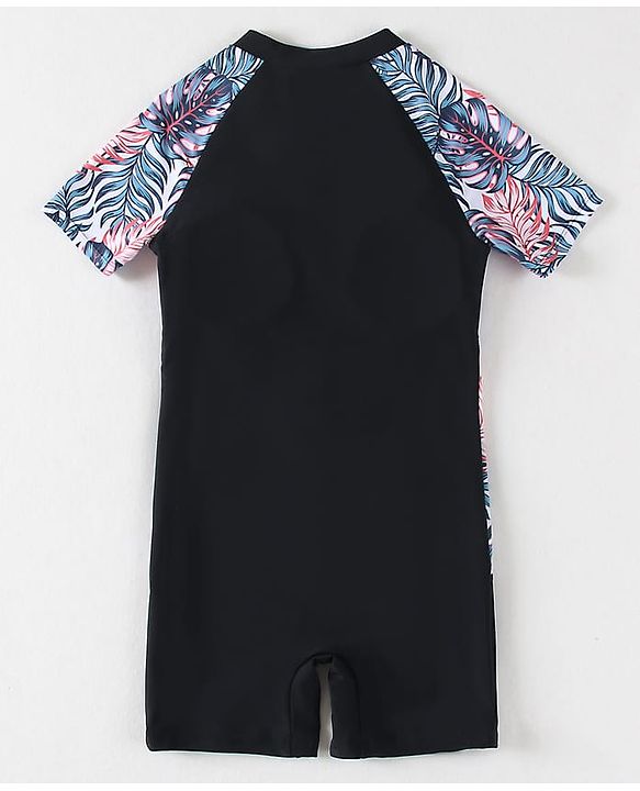 Pine Kids Half Sleeves Legged Swimsuit Leaf Print - Black