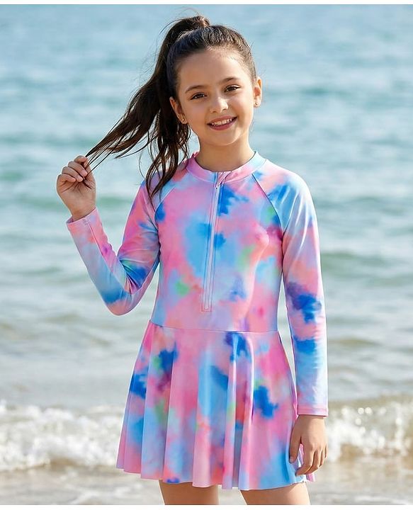 Pine Kids Full Sleeves Frock Style Swimsuit Tie  & Dye Print - Multicolor