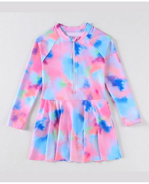 Pine Kids Full Sleeves Frock Style Swimsuit Tie  & Dye Print - Multicolor