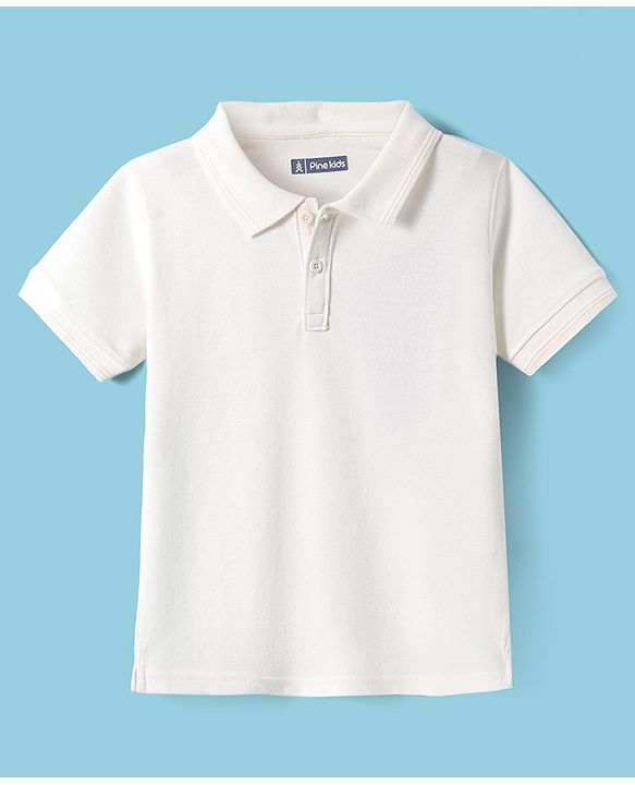 Pine Kids Cotton Knit Half Sleeves Solid Color Polo T-Shirt - White