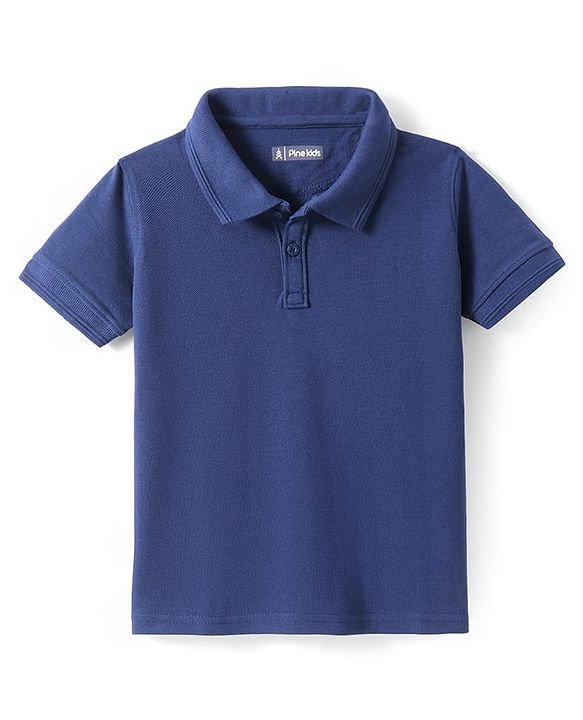Pine Kids Cotton Knit Half Sleeves Solid Color Polo T-Shirt - Navy Blue