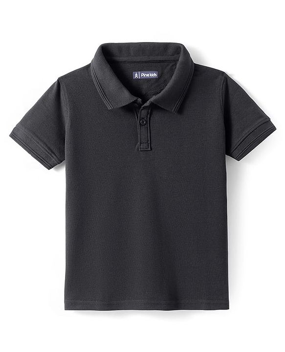 Pine Kids Cotton Knit Half Sleeves Solid Color Polo T-Shirt - Navy Blue