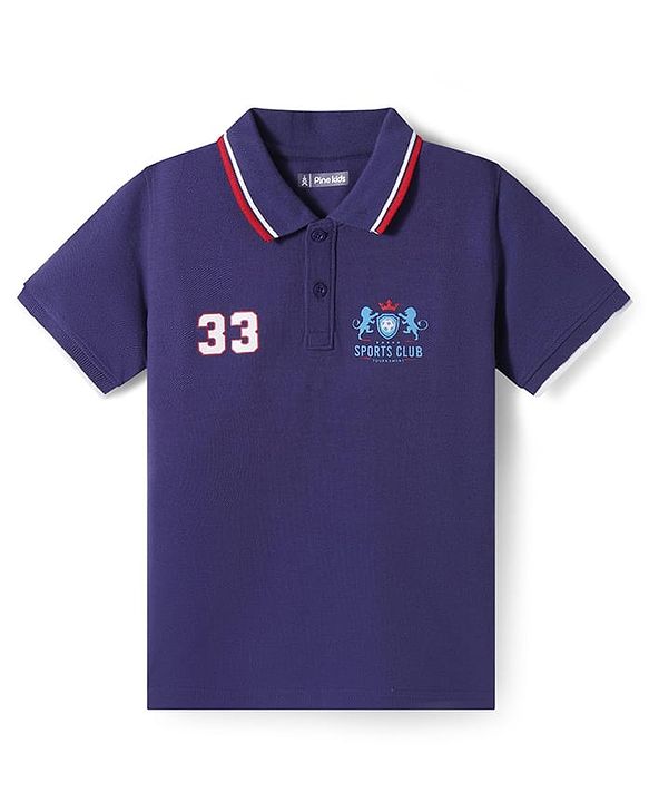 Pine Kids Cotton Knit Half Sleeves Polo T-Shirt with Text Print - Navy Blue