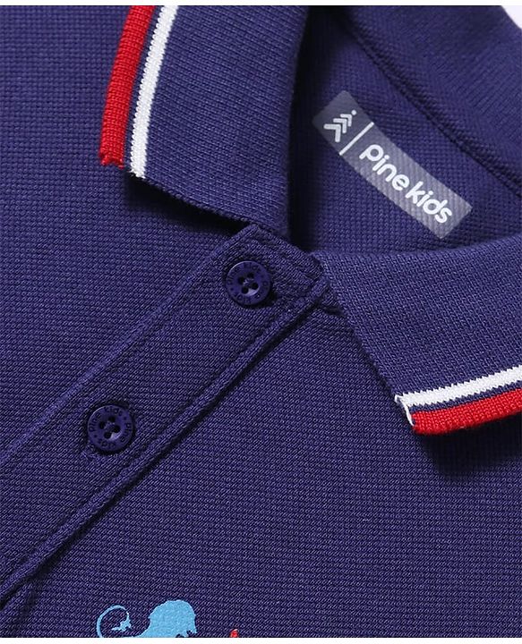 Pine Kids Cotton Knit Half Sleeves Polo T-Shirt with Text Print - Navy Blue