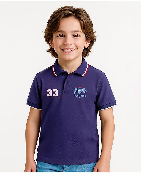 Pine Kids Cotton Knit Half Sleeves Polo T-Shirt with Text Print - Navy Blue