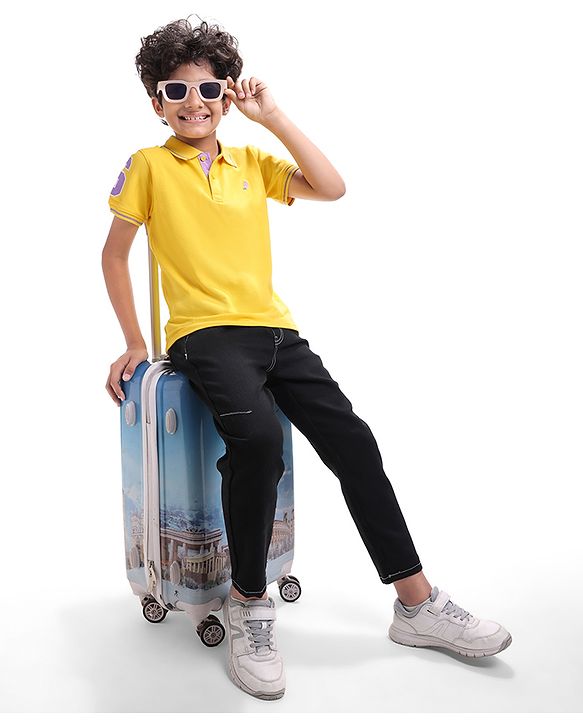 Pine Kids Cotton Knit Half Sleeves Polo T-Shirt with Text Print - Mustard Yellow