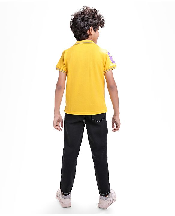Pine Kids Cotton Knit Half Sleeves Polo T-Shirt with Text Print - Mustard Yellow