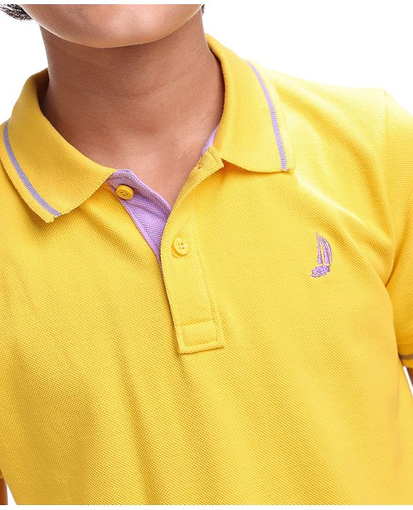 Pine Kids Cotton Knit Half Sleeves Polo T-Shirt with Text Print - Mustard Yellow