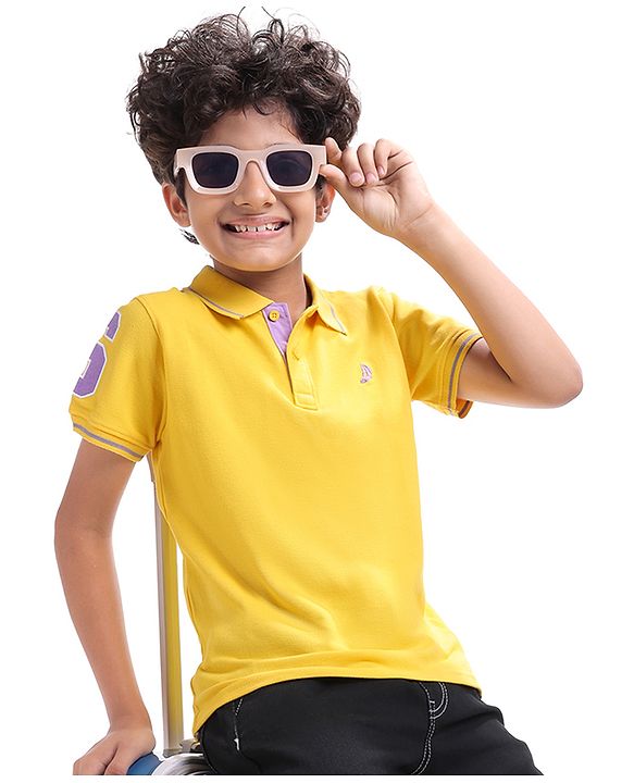 Pine Kids Cotton Knit Half Sleeves Polo T-Shirt with Text Print - Mustard Yellow