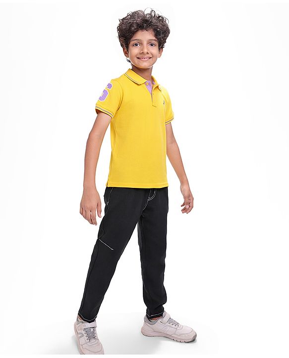 Pine Kids Cotton Knit Half Sleeves Polo T-Shirt with Text Print - Mustard Yellow