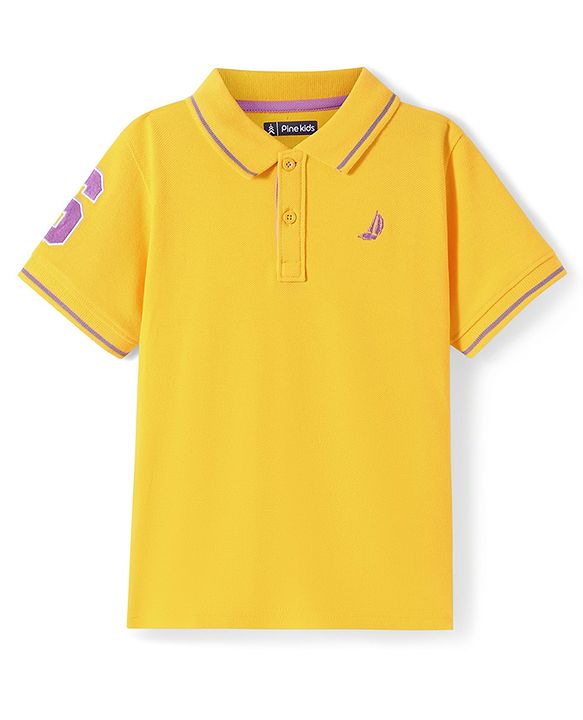 Pine Kids Cotton Knit Half Sleeves Polo T-Shirt with Text Print - Mustard Yellow