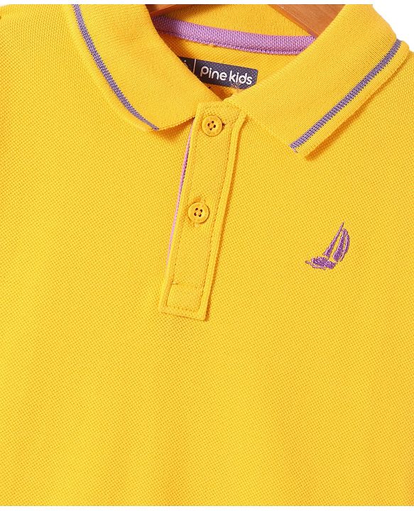 Pine Kids Cotton Knit Half Sleeves Polo T-Shirt with Text Print - Mustard Yellow