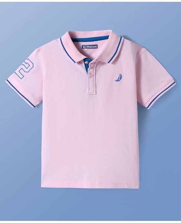 Pine Kids Cotton Knit Half Sleeves Polo T-Shirt with Number Embroidery - Light Pink