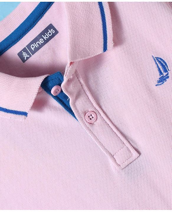 Pine Kids Cotton Knit Half Sleeves Polo T-Shirt with Number Embroidery - Light Pink