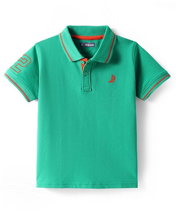 Pine Kids Cotton Knit Half Sleeves Polo T-Shirt with Number Embroidery - Light Pink