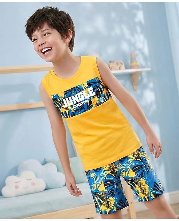 Pine Kids Single Jersey Knit Sleeveless Shorts Night Suit With Leaf Print - Yellow & Blue