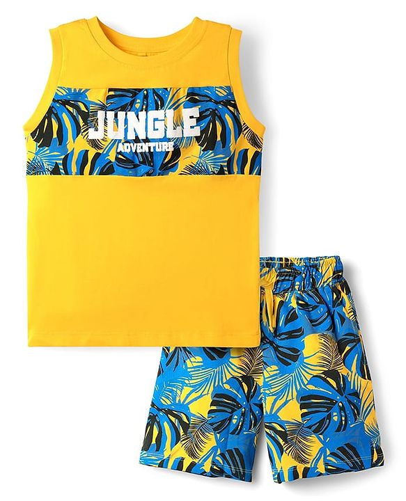 Pine Kids Single Jersey Knit Sleeveless Shorts Night Suit With Leaf Print - Yellow & Blue