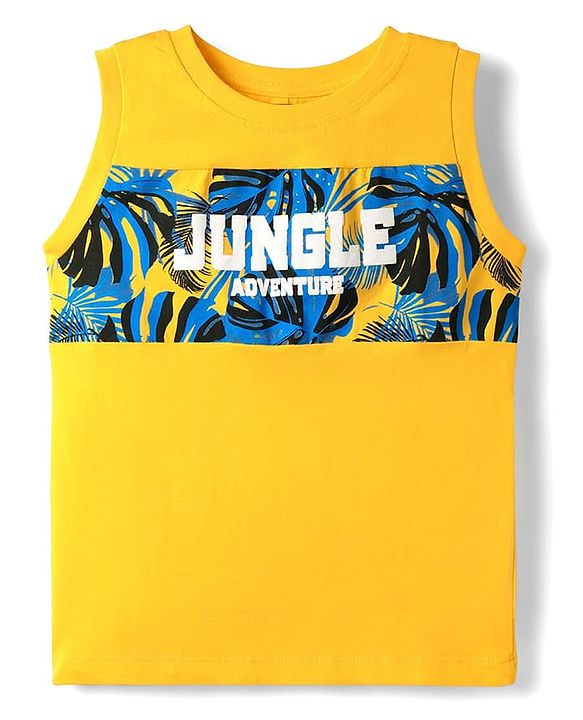 Pine Kids Single Jersey Knit Sleeveless Shorts Night Suit With Leaf Print - Yellow & Blue