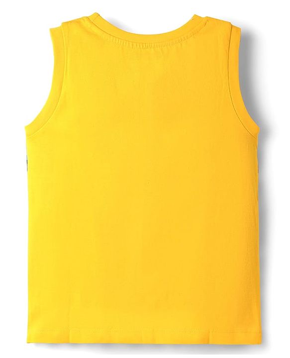 Pine Kids Single Jersey Knit Sleeveless Shorts Night Suit With Leaf Print - Yellow & Blue