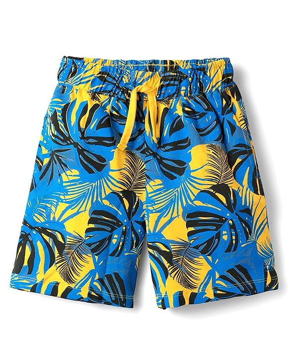 Pine Kids Single Jersey Knit Sleeveless Shorts Night Suit With Leaf Print - Yellow & Blue
