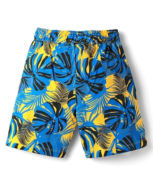 Pine Kids Single Jersey Knit Sleeveless Shorts Night Suit With Leaf Print - Yellow & Blue