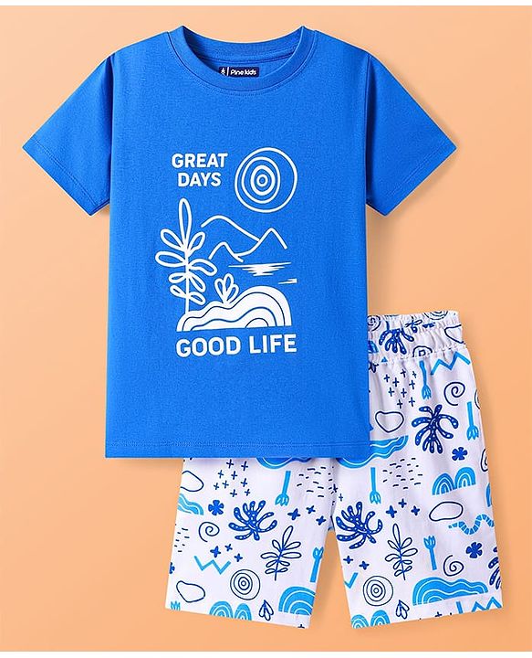 Pine Kids Single Jersey Knit Half Sleeves Shorts Night Suit with Text Print - Blue