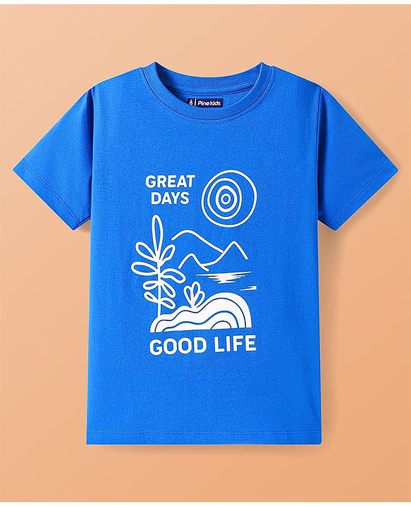 Pine Kids Single Jersey Knit Half Sleeves Shorts Night Suit with Text Print - Blue