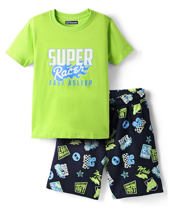 Pine Kids Single Jersey Knit Half Sleeves Shorts Night Suit with Super Racer Text Print - Limegreen