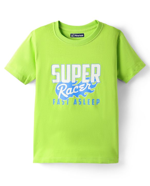 Pine Kids Single Jersey Knit Half Sleeves Shorts Night Suit with Super Racer Text Print - Limegreen