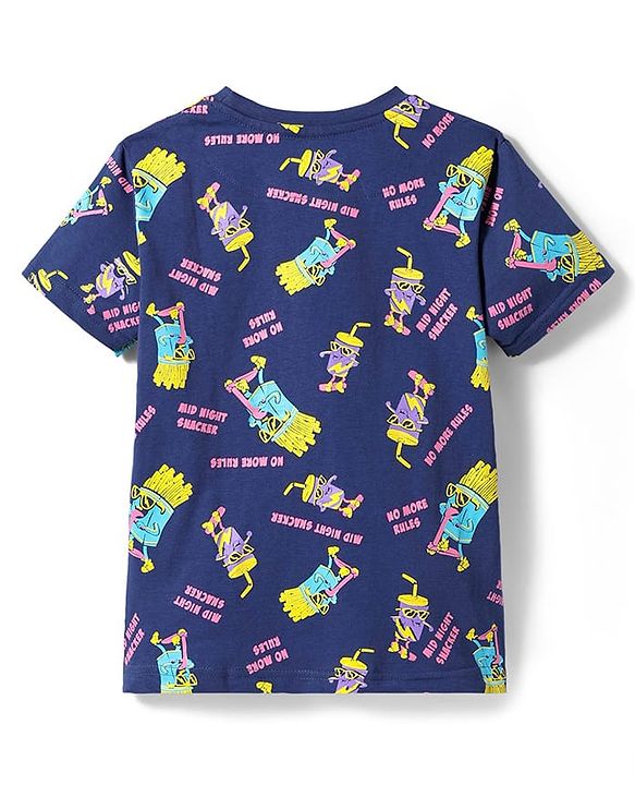 Pine Kids Single Jersey Knit Half Sleeves Shorts Night Suit With Snacks Print - Navy Blue