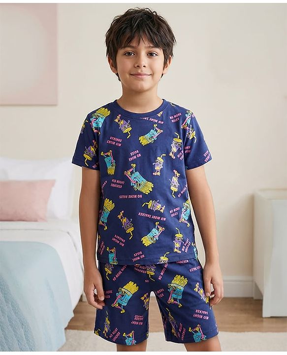 Pine Kids Single Jersey Knit Half Sleeves Shorts Night Suit With Snacks Print - Navy Blue