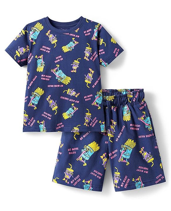 Pine Kids Single Jersey Knit Half Sleeves Shorts Night Suit With Snacks Print - Navy Blue