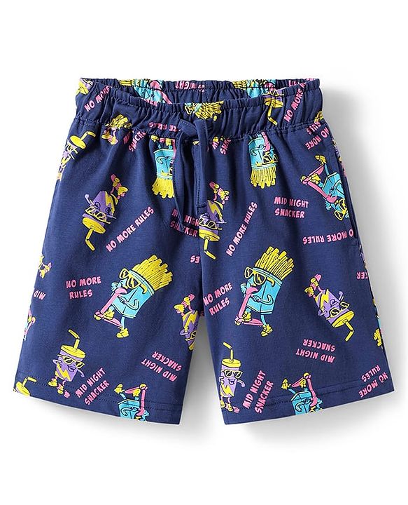 Pine Kids Single Jersey Knit Half Sleeves Shorts Night Suit With Snacks Print - Navy Blue